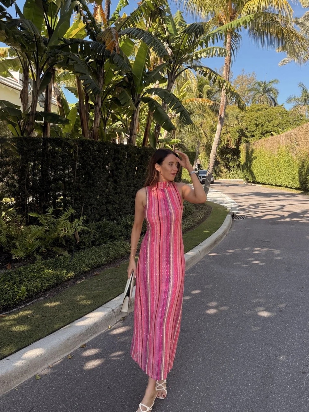 vestique Pink Striped Midi Halter Dress